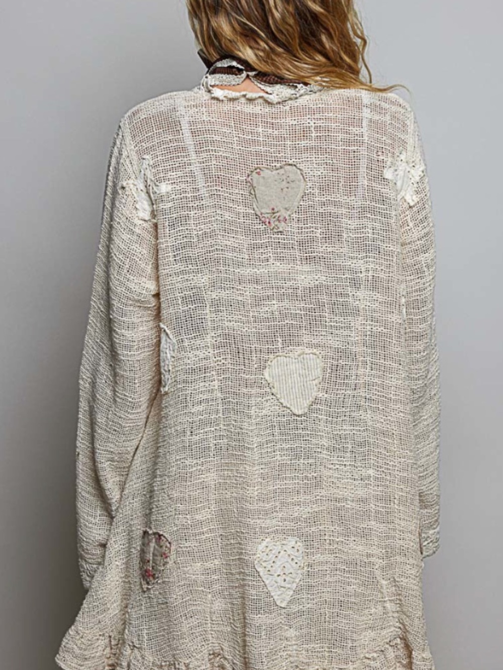 #1012 POL Textured Floral Appliqué Cardigan in Wheat - Picture 4 of 6